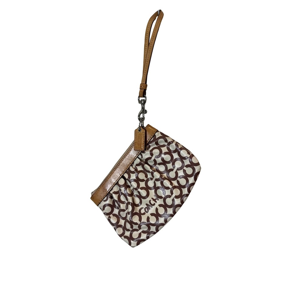 Coach Clutch Bag Womens Small Brown Logo Canvas Leather Wristlet Zip Purse